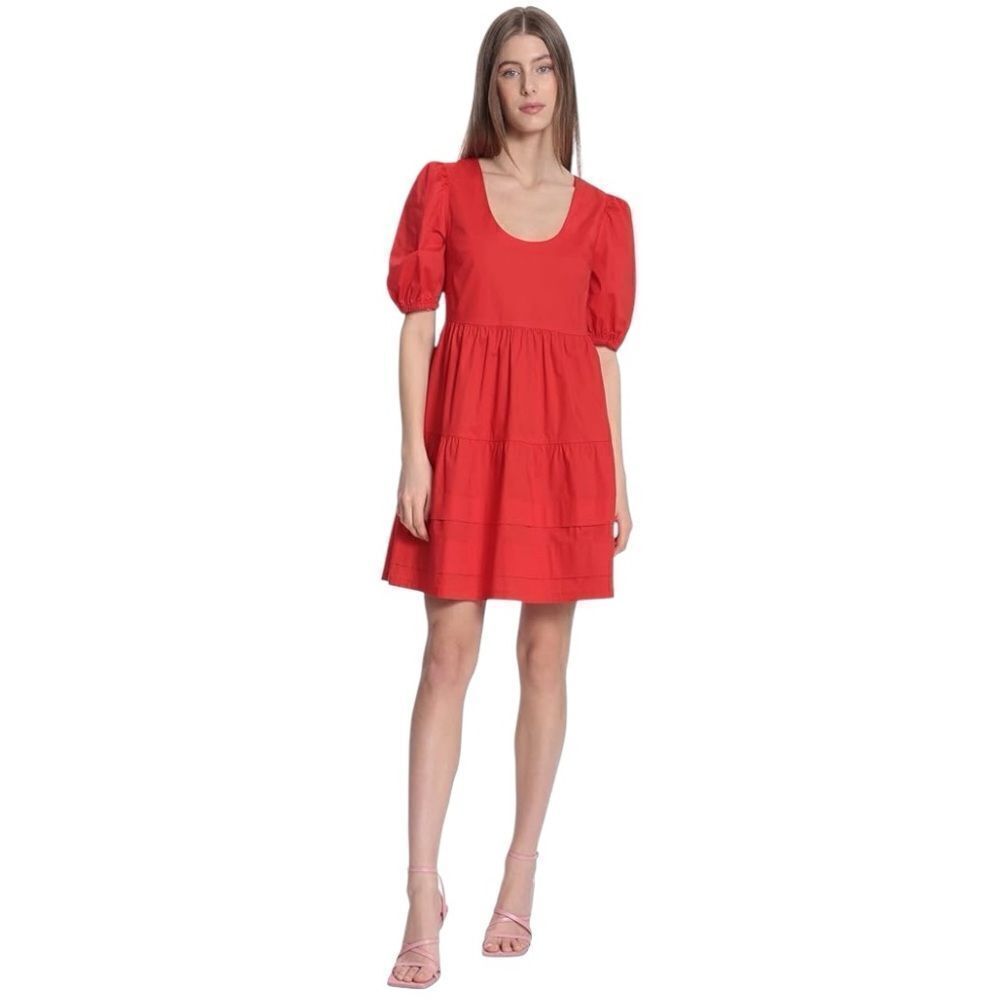 Donna Morgan Mini Dress Scoop Neck Tiered Criss Cross Back Red Size 10P NWOT